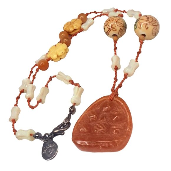 VTG Belle Costes Carved Carnelian Pendant Necklace 20" Bohemian Boho Chic - Picture 10 of 13